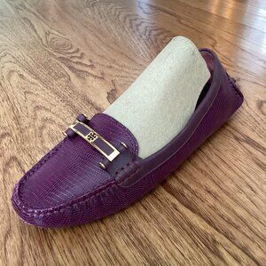 Tory Burch Croc Embossed Leather Driving Moccasins Loafer Shoes Purple SIZE 11